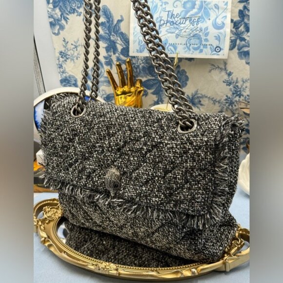 🆕 KURT GEIGER LONDON 🧿 NWOT Large Tweed Kensington Bag, Metallic Black & White - Picture 5 of 16